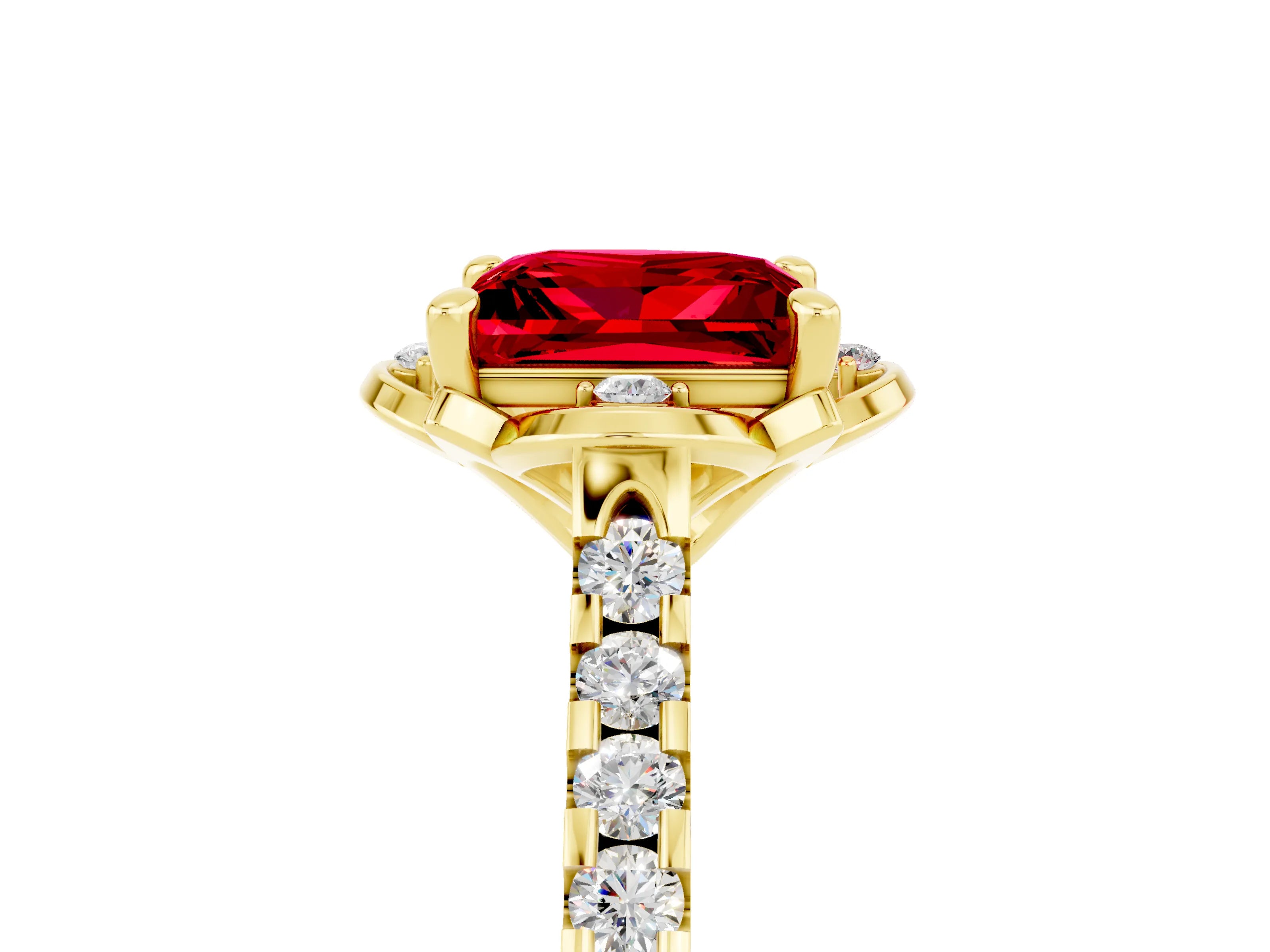 Yellow gold Princess Cut Ruby Ring with Pavé Band and Floral Prong Setting_5