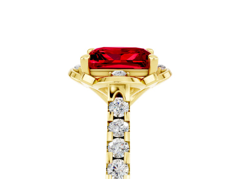 Yellow gold Princess Cut Ruby Ring with Pavé Band and Floral Prong Setting_5