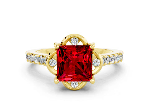 Yellow gold Princess Cut Ruby Ring with Pavé Band and Floral Prong Setting