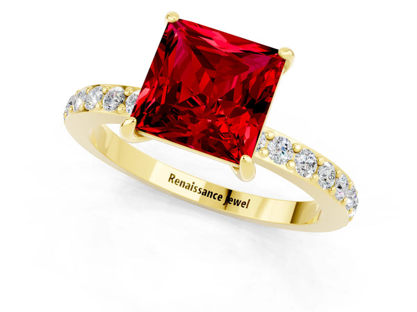 Yellow gold Princess Cut Ruby Pavé Engagement Ring with Round  Accents and Prong Setting