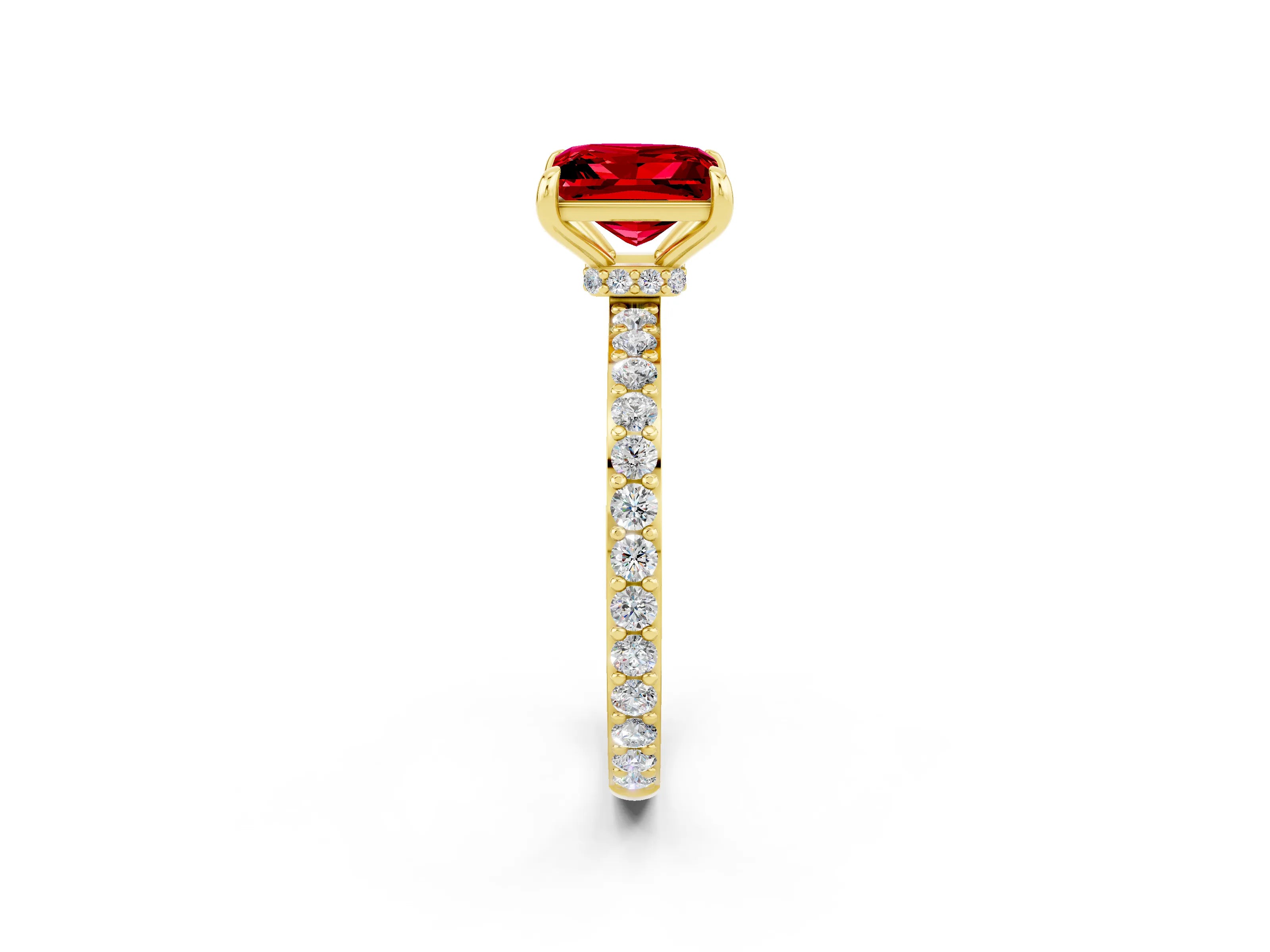 Yellow gold Princess Cut Ruby Ring with Pavé Band and Four-Prong Setting_2