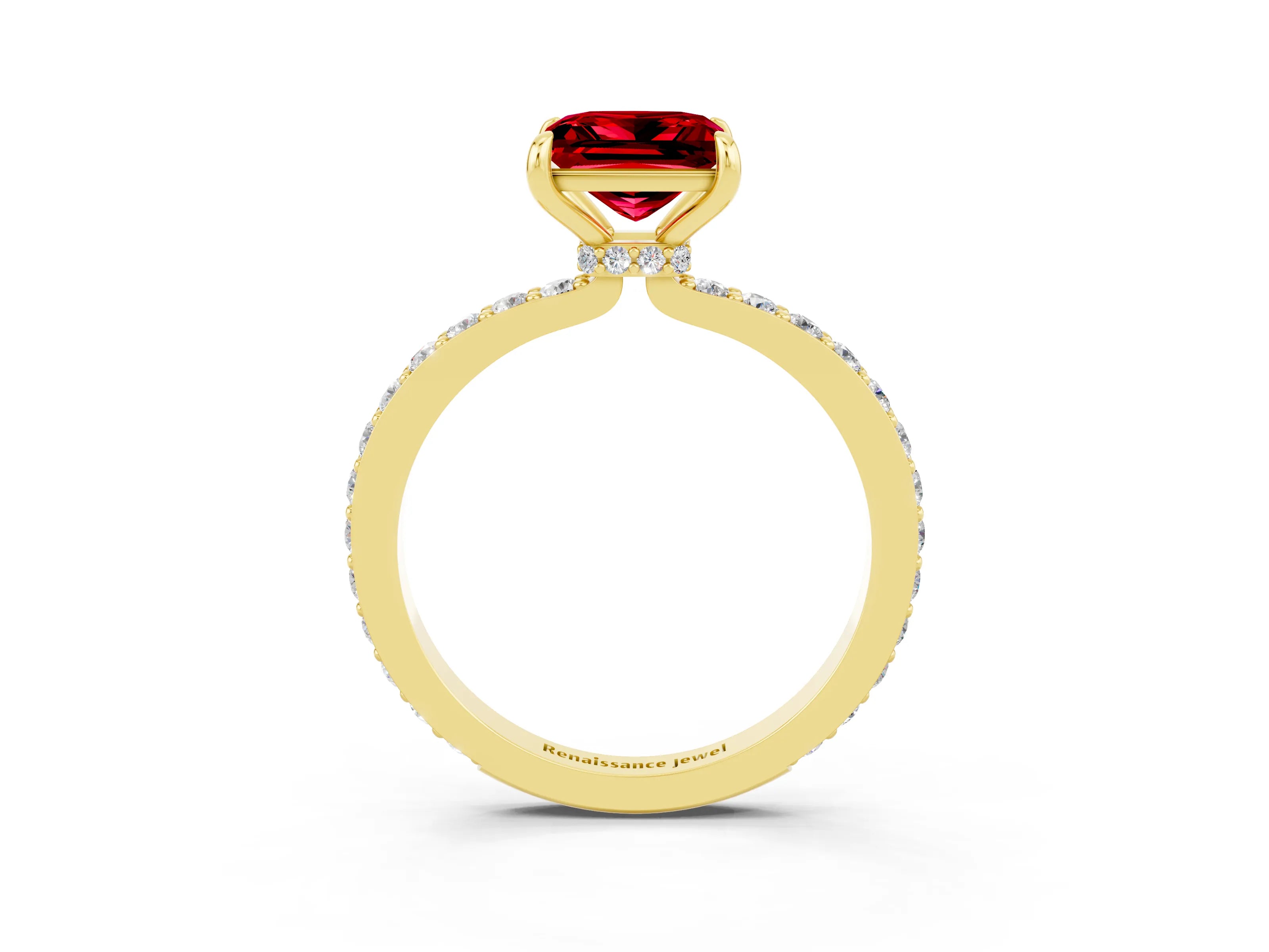 Yellow gold Princess Cut Ruby Ring with Pavé Band and Four-Prong Setting_3