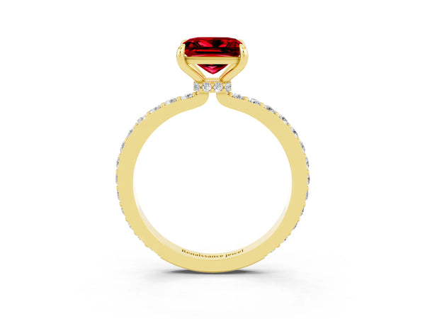 Yellow gold Princess Cut Ruby Pavé Engagement Ring with Round  Accents and Prong Setting
