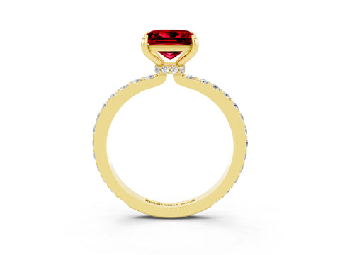 Yellow gold Princess Cut Ruby Ring with Pavé Band and Four-Prong Setting_3