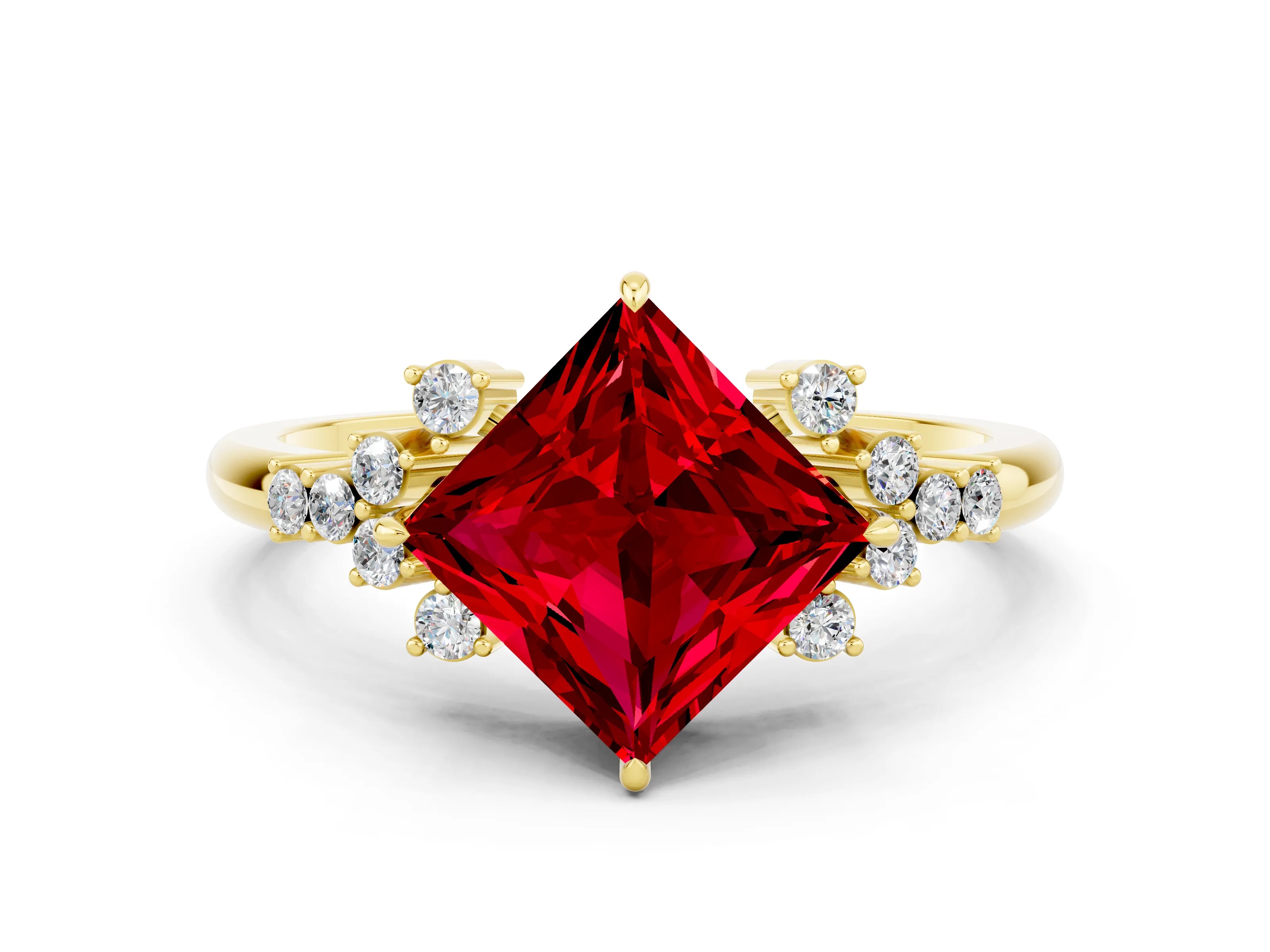 Yellow gold Princess Cut Ruby Ring with Side Stones and Four-Prong Setting_36
