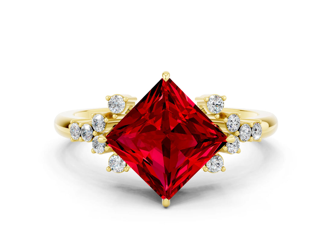 Yellow gold Princess Cut Ruby Ring with Side Stones and Four-Prong Setting_36