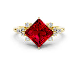 Yellow gold Princess Cut Ruby Ring with Side Stones and Four-Prong Setting_36