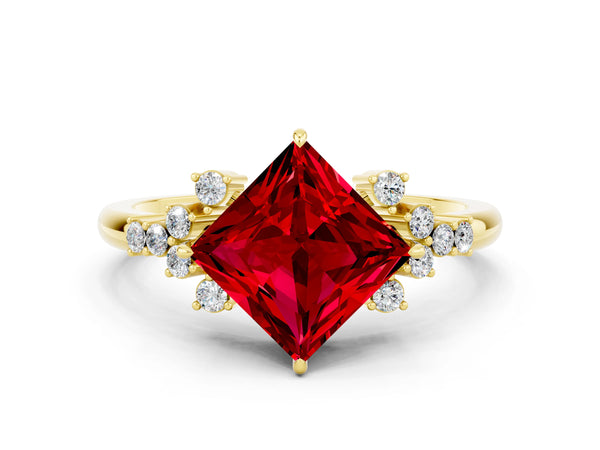 Yellow gold Princess Cut Ruby Ring with Side Stones and Four-Prong Setting