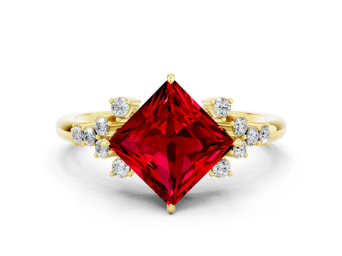 Yellow gold Princess Cut Ruby Ring with Side Stones and Four-Prong Setting_36