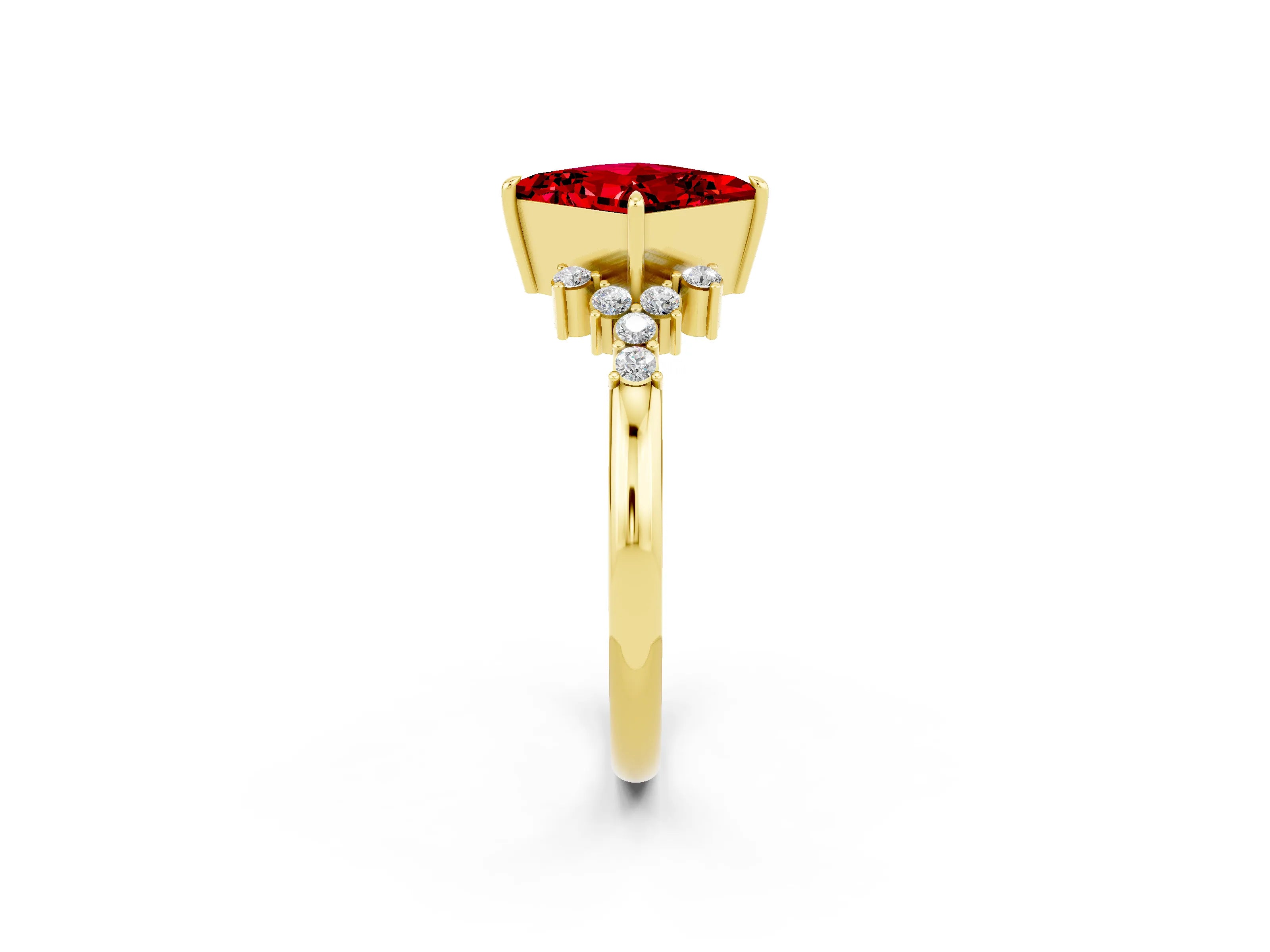 Yellow gold Princess Cut Ruby Ring with Side Stones and Four-Prong Setting_38