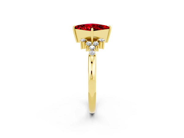 Yellow gold Princess Cut Ruby Ring with Side Stones and Four-Prong Setting