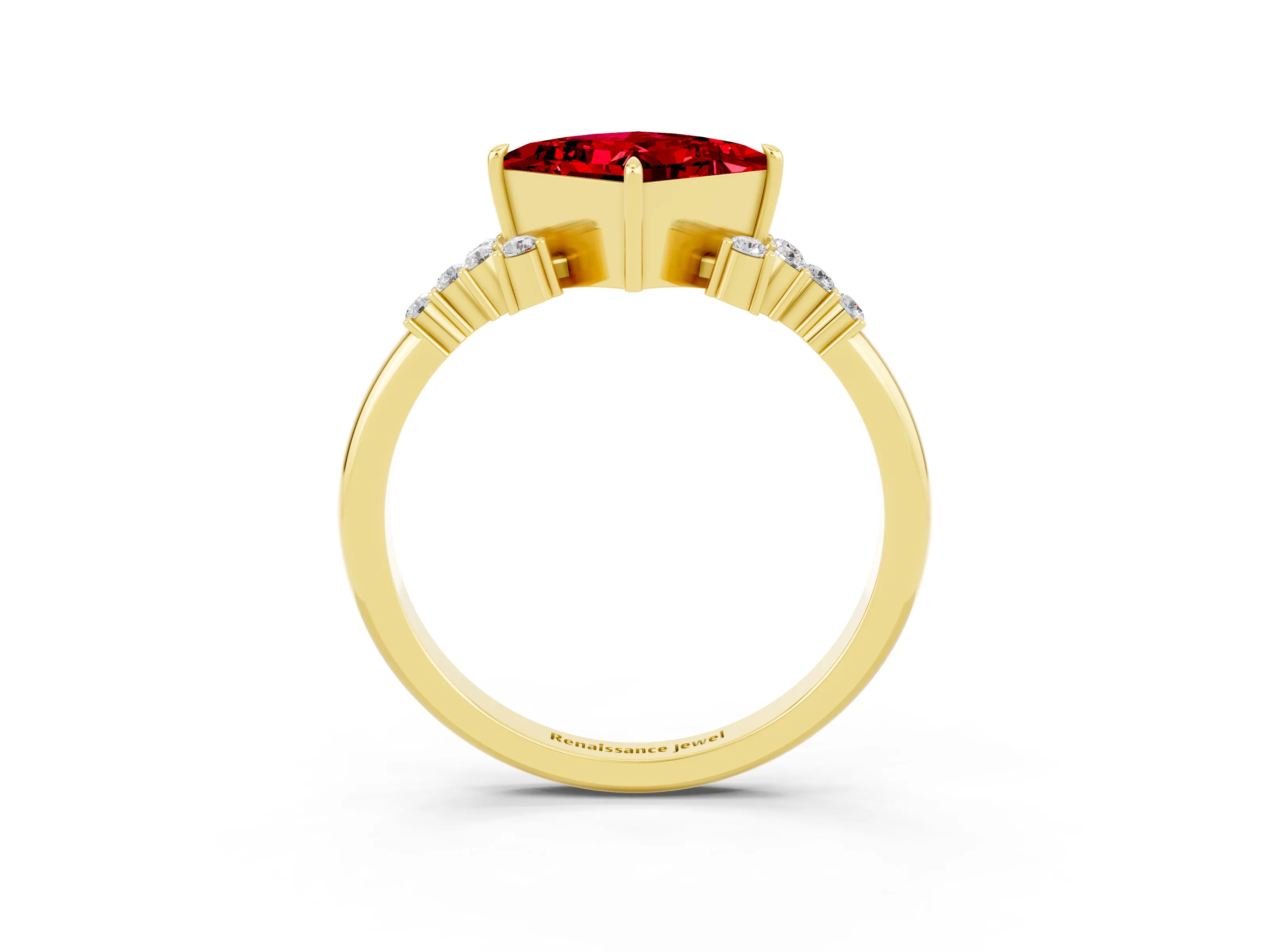 Yellow gold Princess Cut Ruby Ring with Side Stones and Four-Prong Setting_39