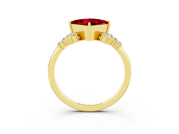 Yellow gold Princess Cut Ruby Ring with Side Stones and Four-Prong Setting