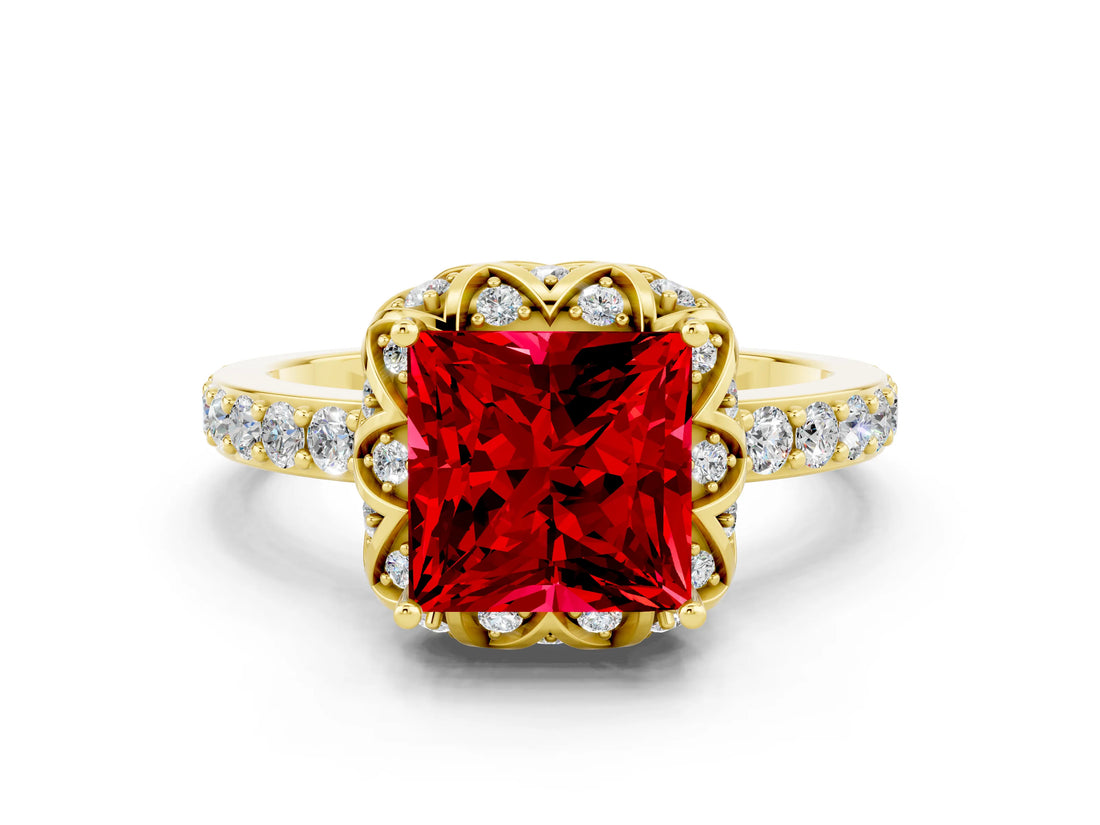 Yellow gold Princess Cut Ruby Scalloped Halo Engagement Ring with Round Shared Prong Band_12
