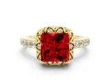 Yellow gold Princess Cut Ruby Scalloped Halo Engagement Ring with Round Shared Prong Band_12