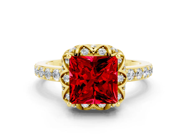 Yellow gold Princess Cut Ruby Scalloped Halo Engagement Ring with Round Shared Prong Band