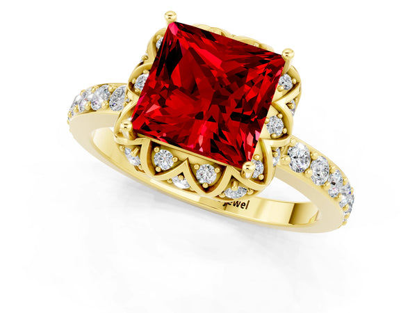 Yellow gold Princess Cut Ruby Scalloped Halo Engagement Ring with Round Shared Prong Band