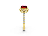 Yellow gold Princess Cut Ruby Scalloped Halo Engagement Ring with Round Shared Prong Band_14