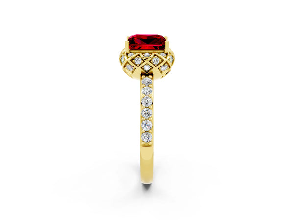 Yellow gold Princess Cut Ruby Scalloped Halo Engagement Ring with Round Shared Prong Band