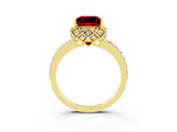 Yellow gold Princess Cut Ruby Scalloped Halo Engagement Ring with Round Shared Prong Band_15