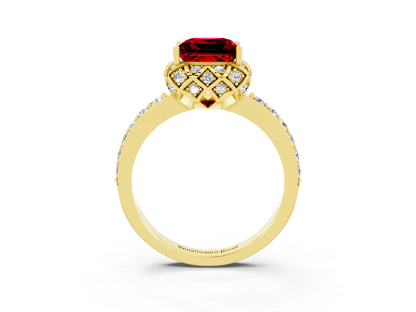 Yellow gold Princess Cut Ruby Scalloped Halo Engagement Ring with Round Shared Prong Band