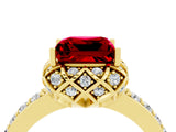 Yellow gold Princess Cut Ruby Scalloped Halo Engagement Ring with Round Shared Prong Band_16