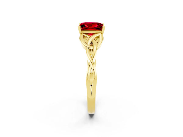 Yellow gold Princess Cut Ruby Solitaire Celtic Knot Ring with Four-Prong Setting