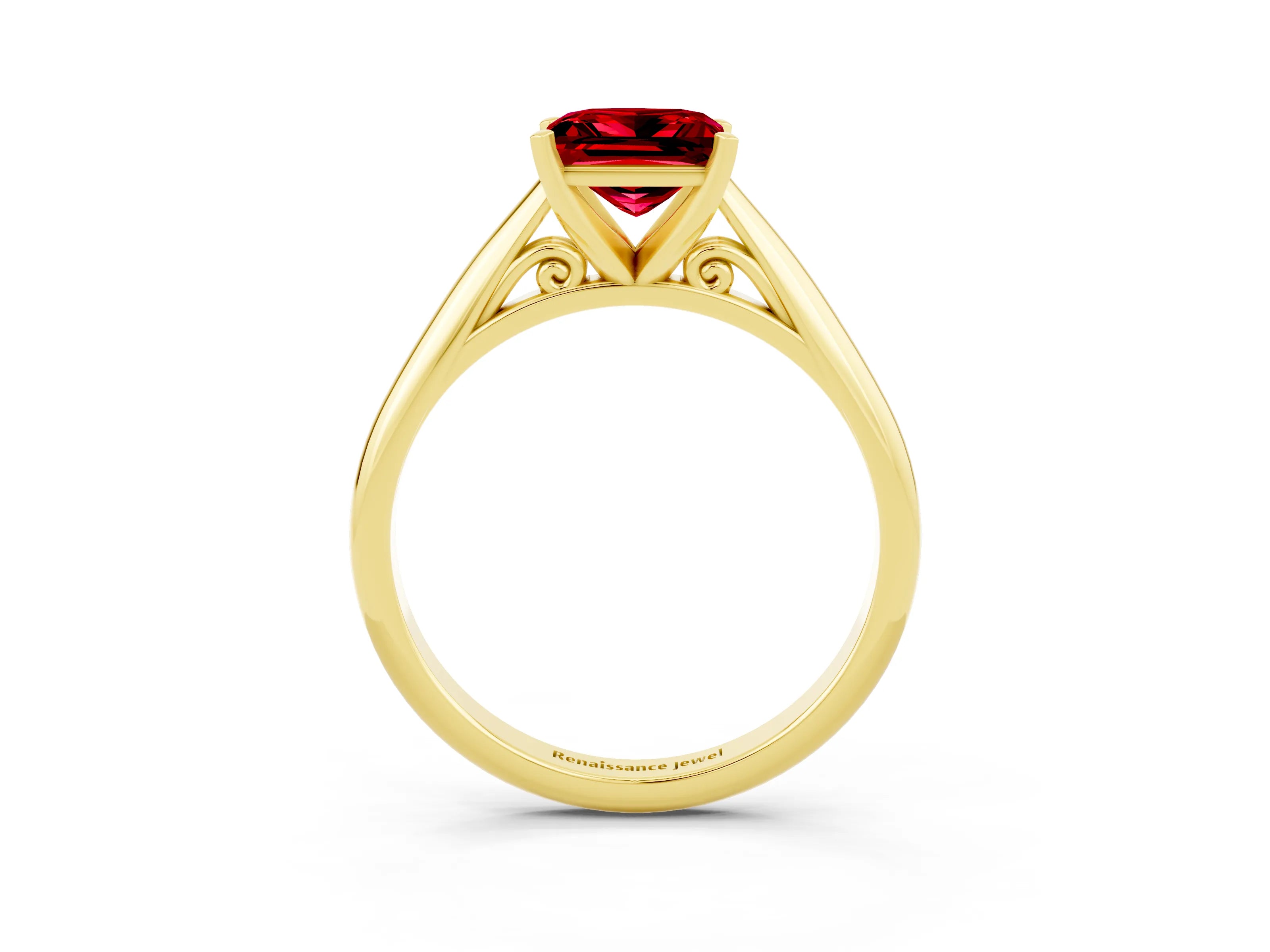 Yellow gold Princess Cut Ruby Solitaire Engagement Ring with Cathedral Setting and Four-Prong Mount_15