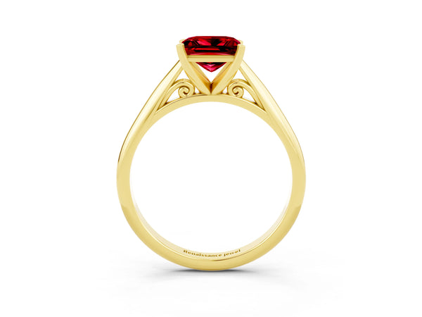 Yellow gold Princess Cut Ruby Solitaire Engagement Ring with Cathedral Setting and Four-Prong Mount