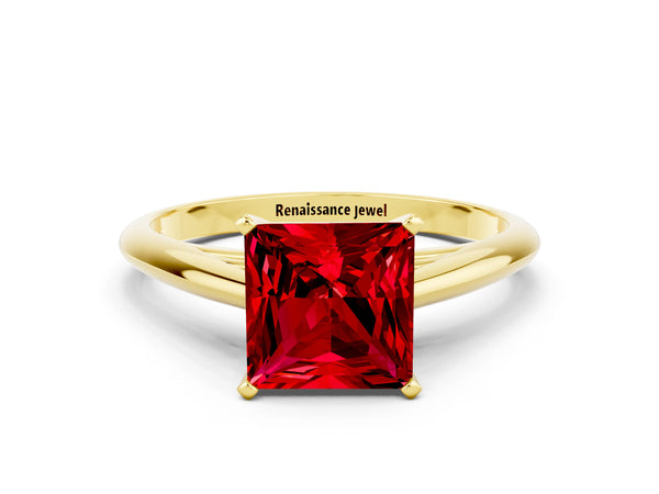 Yellow gold Princess Cut Ruby Solitaire Engagement Ring with Cathedral Setting and Four-Prong Mount
