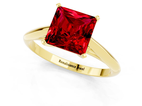 Yellow gold Princess Cut Ruby Solitaire Engagement Ring with Cathedral Setting and Four-Prong Mount