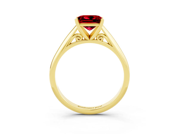Yellow gold Princess Cut Ruby Solitaire Engagement Ring with Cathedral Setting and Four-Prong Mount