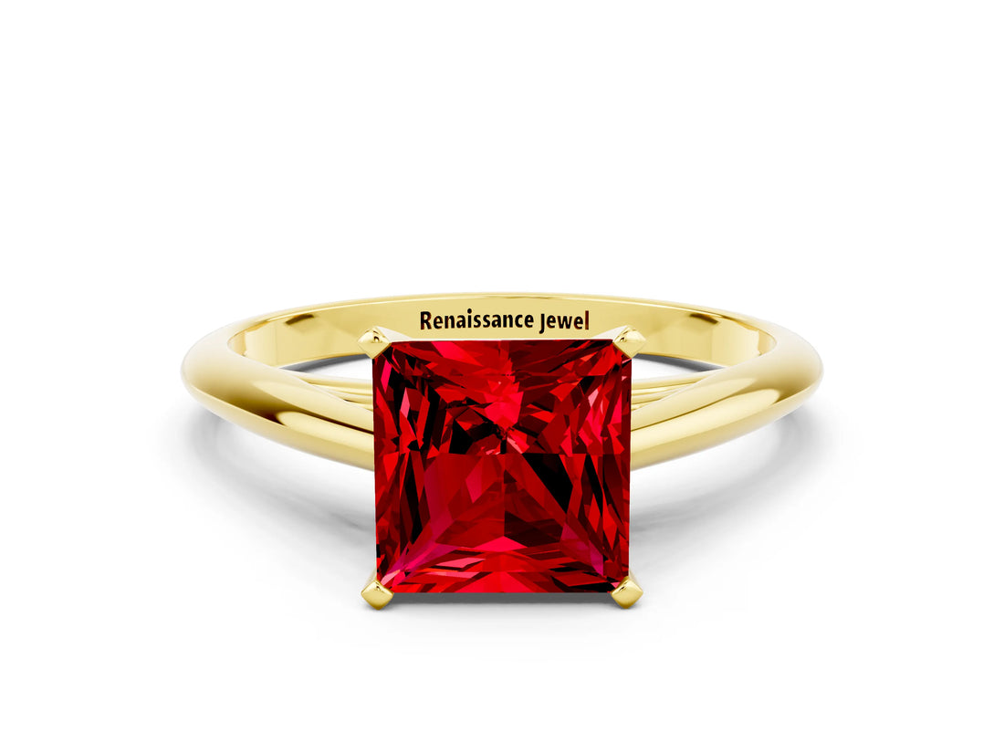 Yellow gold Princess Cut Ruby Solitaire Engagement Ring with Cathedral Setting and Four-Prong Mount_66
