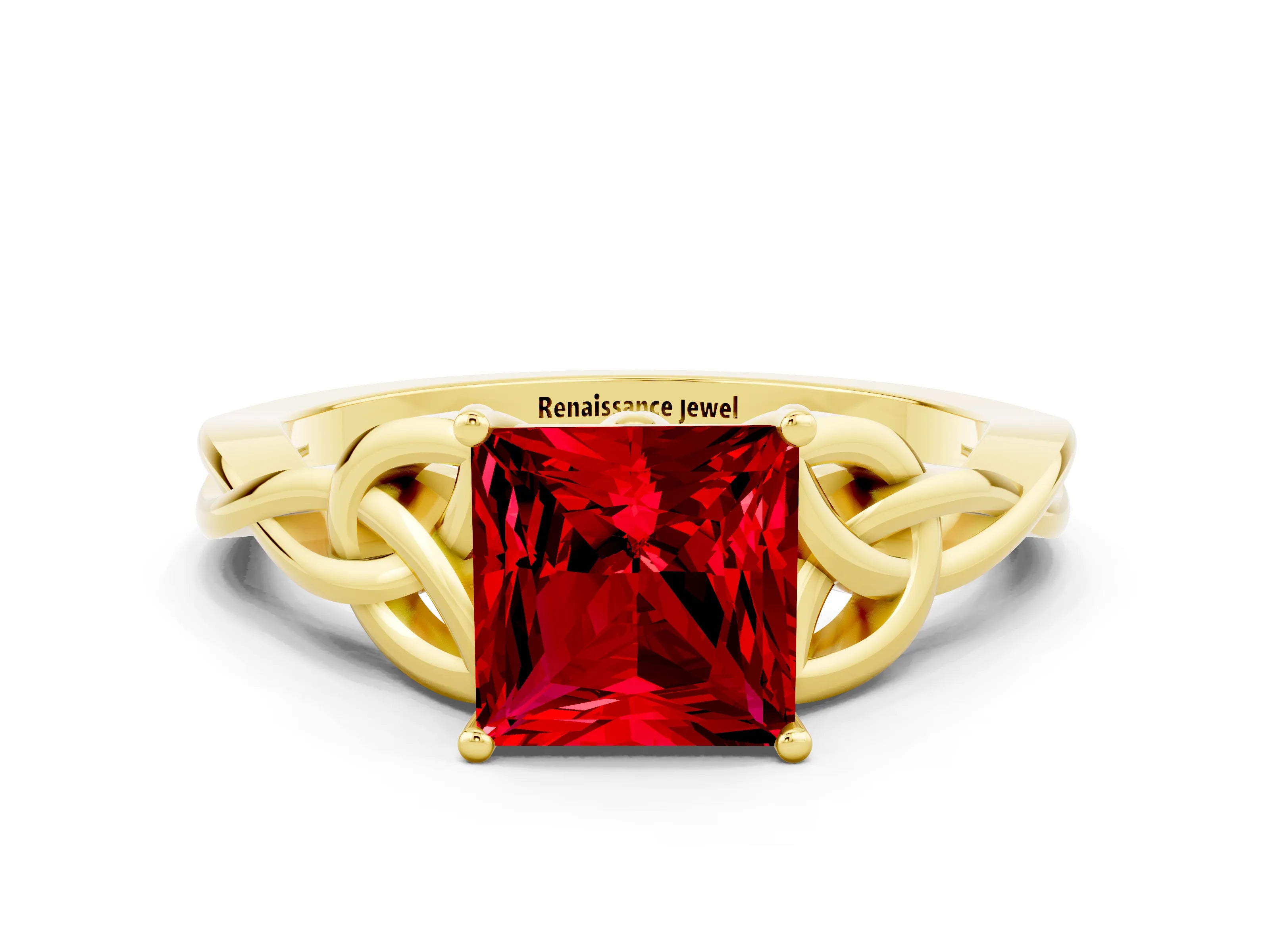 Yellow gold Princess Cut Ruby Solitaire Engagement Ring with Celtic Knot Band and Four-Prong Setting