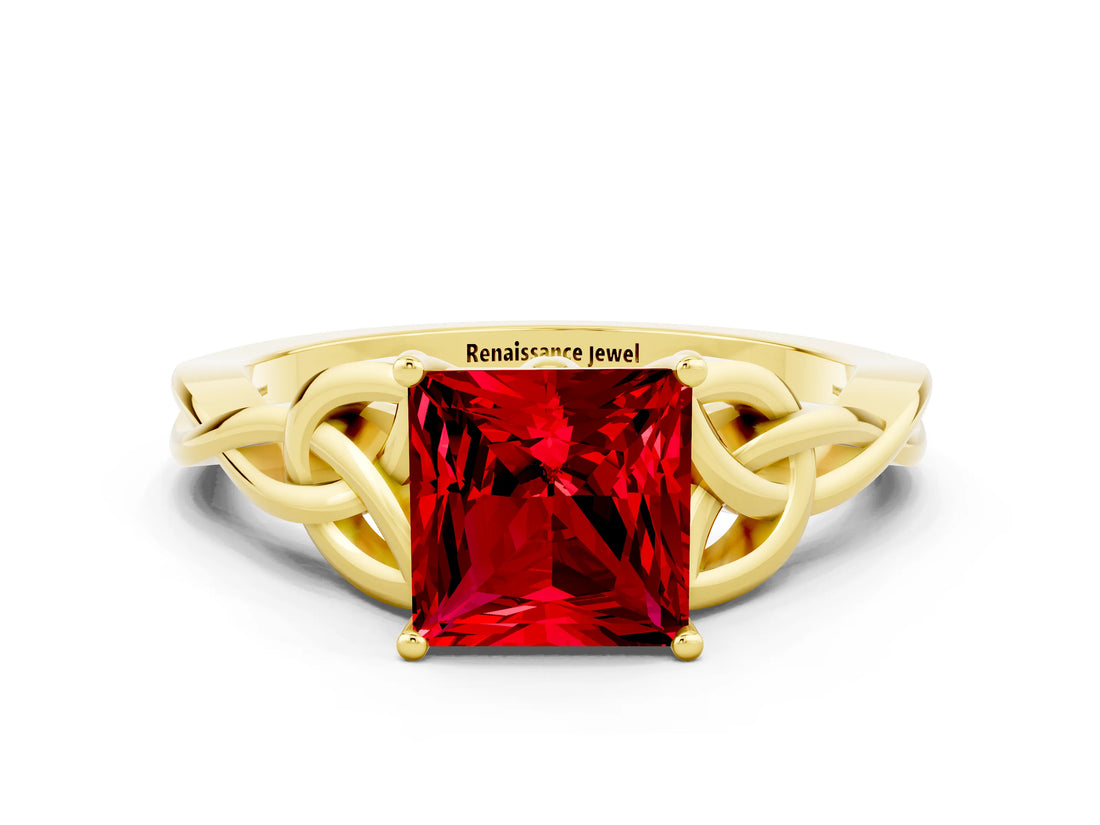 Yellow gold Princess Cut Ruby Solitaire Engagement Ring with Celtic Knot Band and Four-Prong Setting