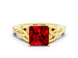 Yellow gold Princess Cut Ruby Solitaire Engagement Ring with Celtic Knot Band and Four-Prong Setting