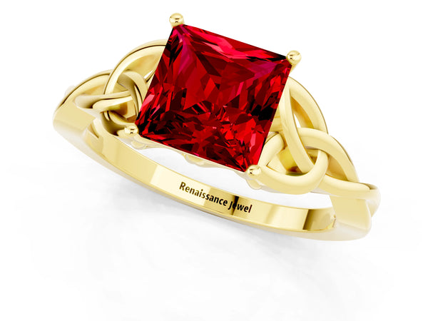 Yellow gold Princess Cut Ruby Solitaire Engagement Ring with Celtic Knot Band and Four-Prong Setting