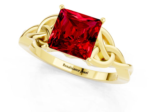 Yellow gold Princess Cut Ruby Solitaire Engagement Ring with Celtic Knot Band and Four-Prong Setting_1