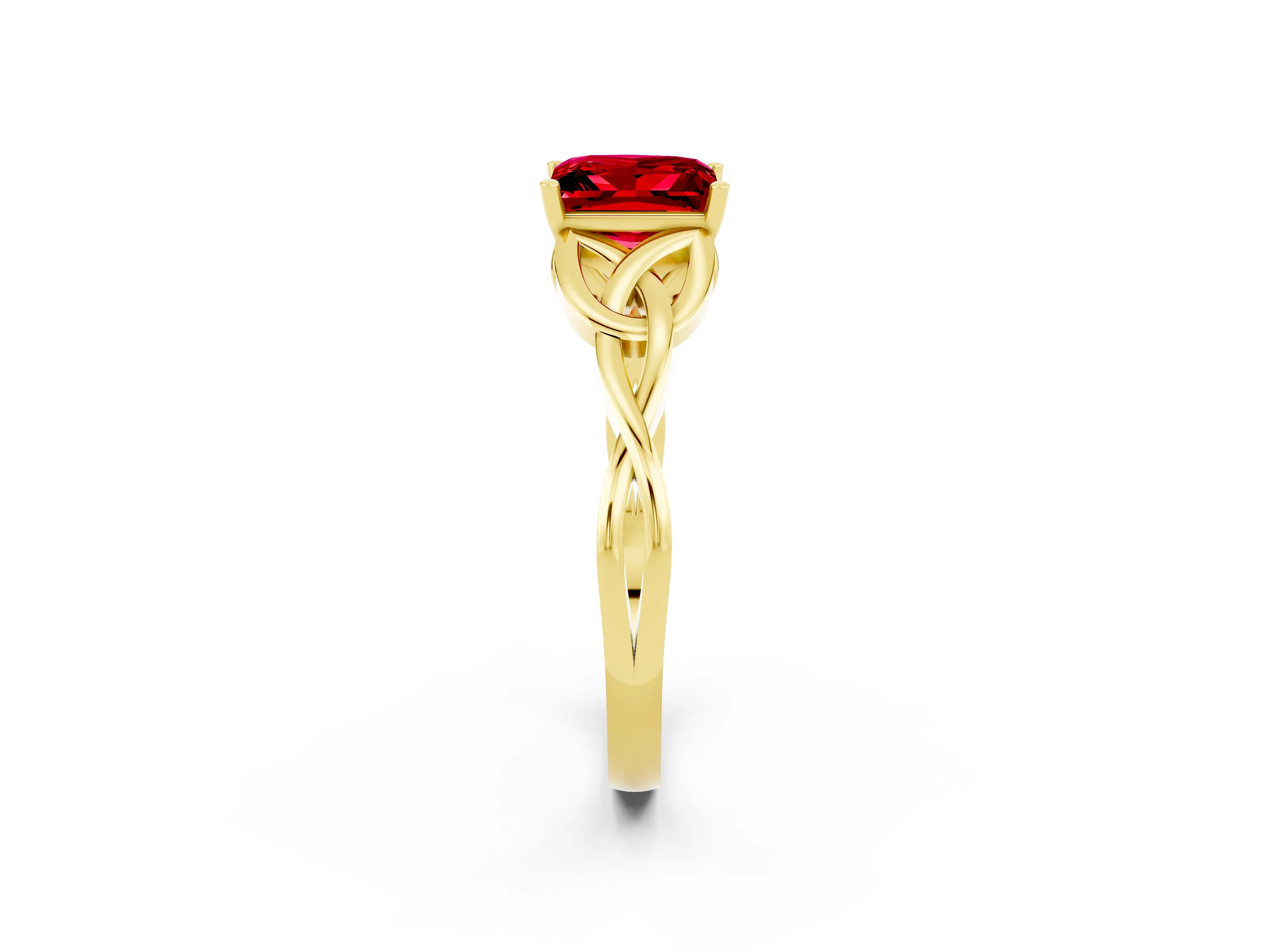 Yellow gold Princess Cut Ruby Solitaire Engagement Ring with Celtic Knot Band and Four-Prong Setting_2