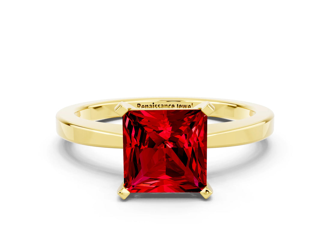 Yellow gold Princess Cut Ruby Solitaire Engagement Ring with Classic Band and Four-Prong Setting_24