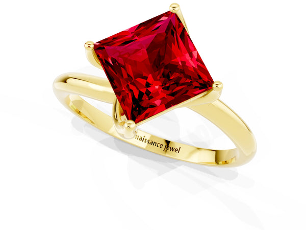 Yellow gold Princess Cut Ruby Solitaire Engagement Ring with Four-Prong Setting and Classic Band