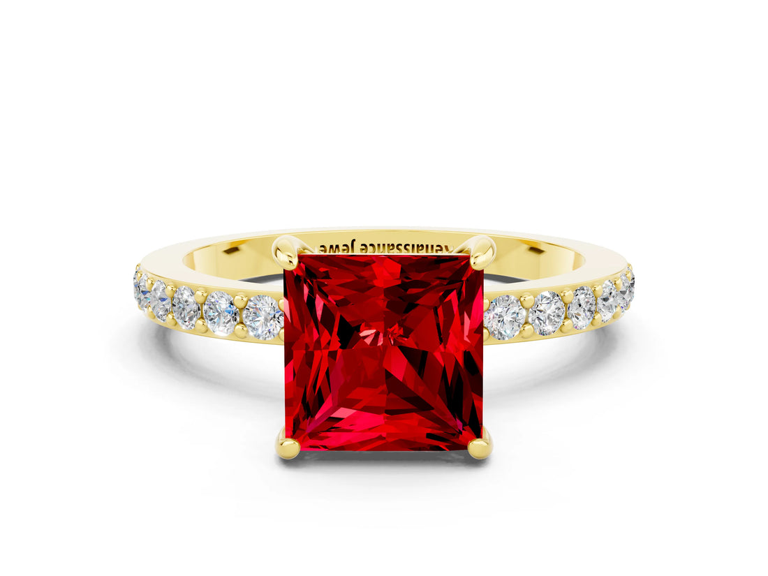 Yellow gold Princess Cut Ruby Solitaire Engagement Ring with Pavé Band and Four-Prong Setting