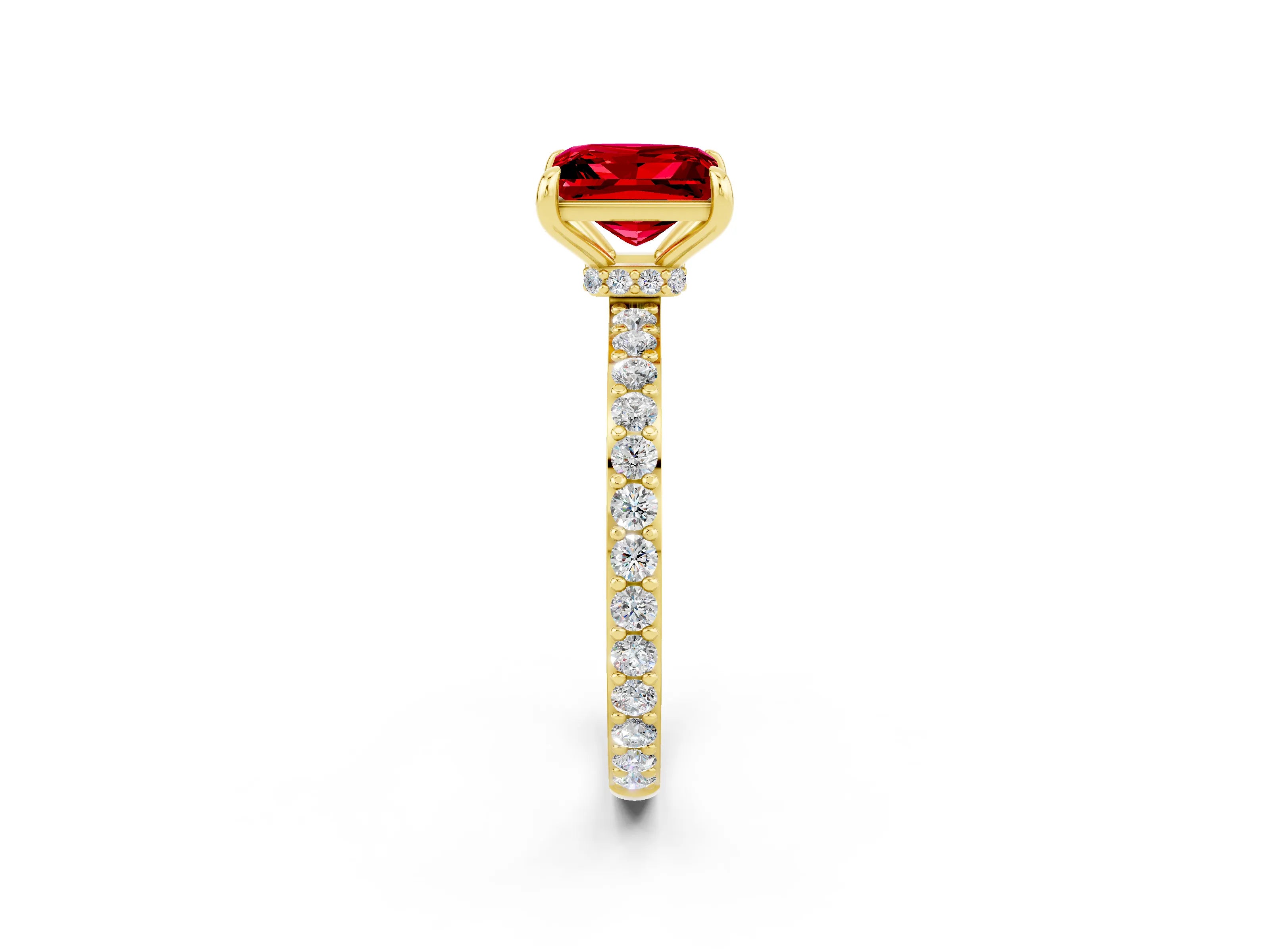 Yellow gold Princess Cut Ruby Solitaire Engagement Ring with Pavé Band and Four-Prong Setting_2