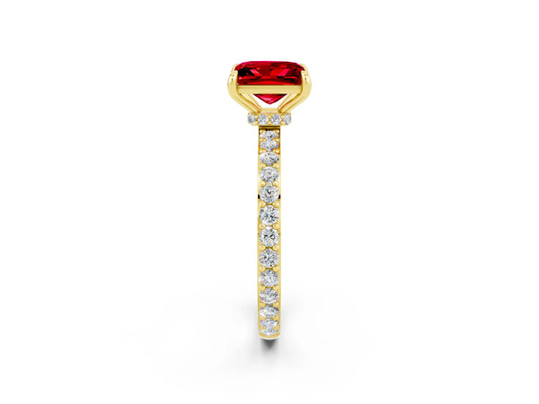 Yellow gold Princess Cut Ruby Solitaire Engagement Ring with Pavé Band and Four-Prong Setting