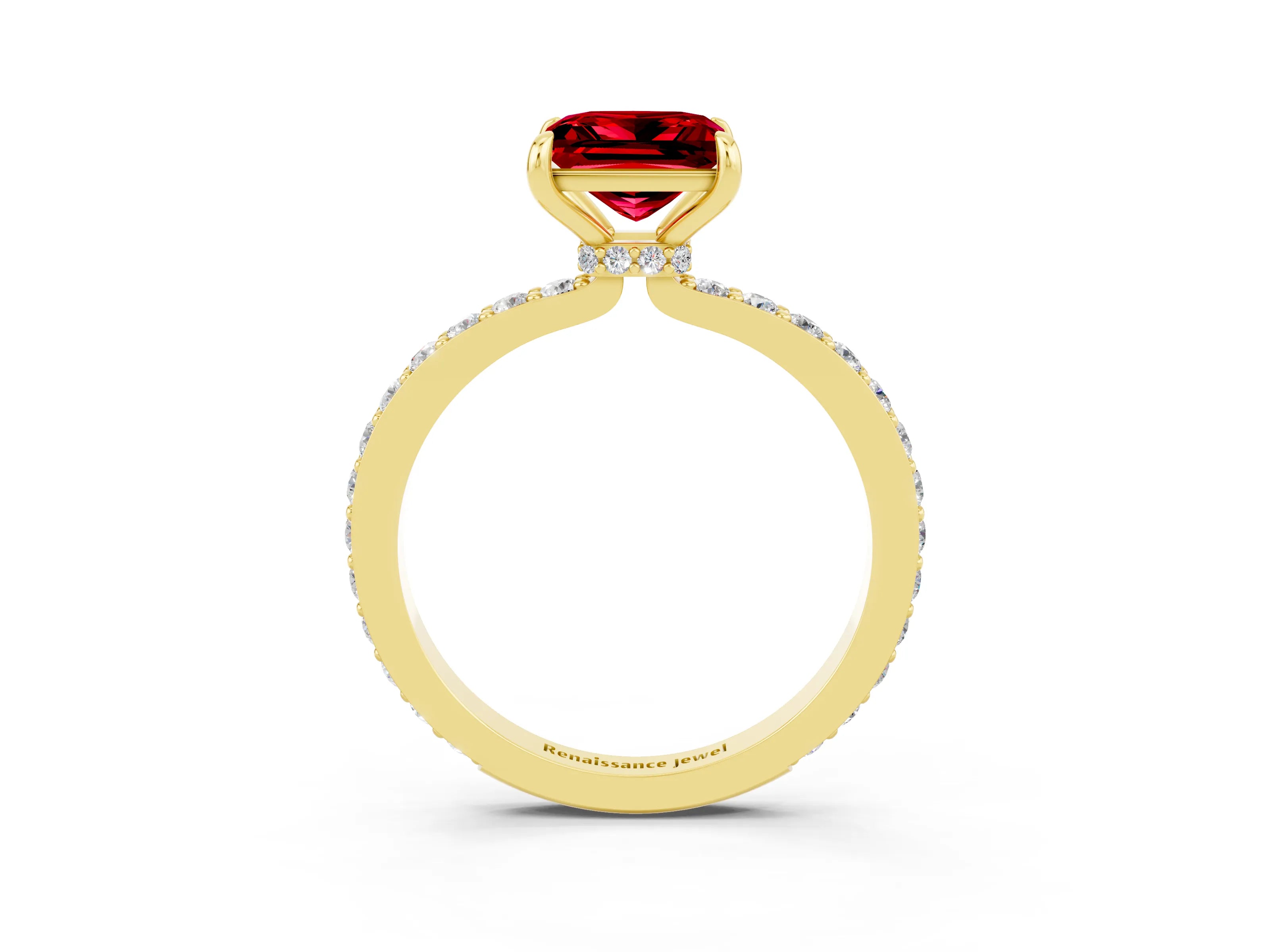 Yellow gold Princess Cut Ruby Solitaire Engagement Ring with Pavé Band and Four-Prong Setting_3