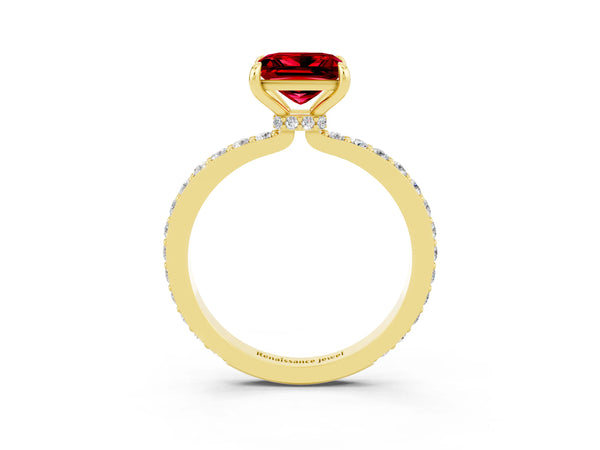 Yellow gold Princess Cut Ruby Solitaire Engagement Ring with Pavé Band and Four-Prong Setting