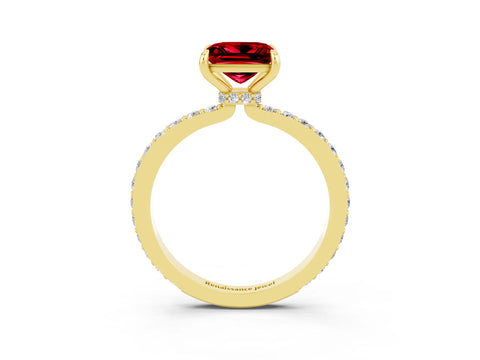 Yellow gold Princess Cut Ruby Solitaire Engagement Ring with Pavé Band and Four-Prong Setting_3