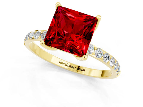 Yellow gold Princess Cut Ruby Solitaire Engagement Ring with Pavé Band and Prong Setting_1