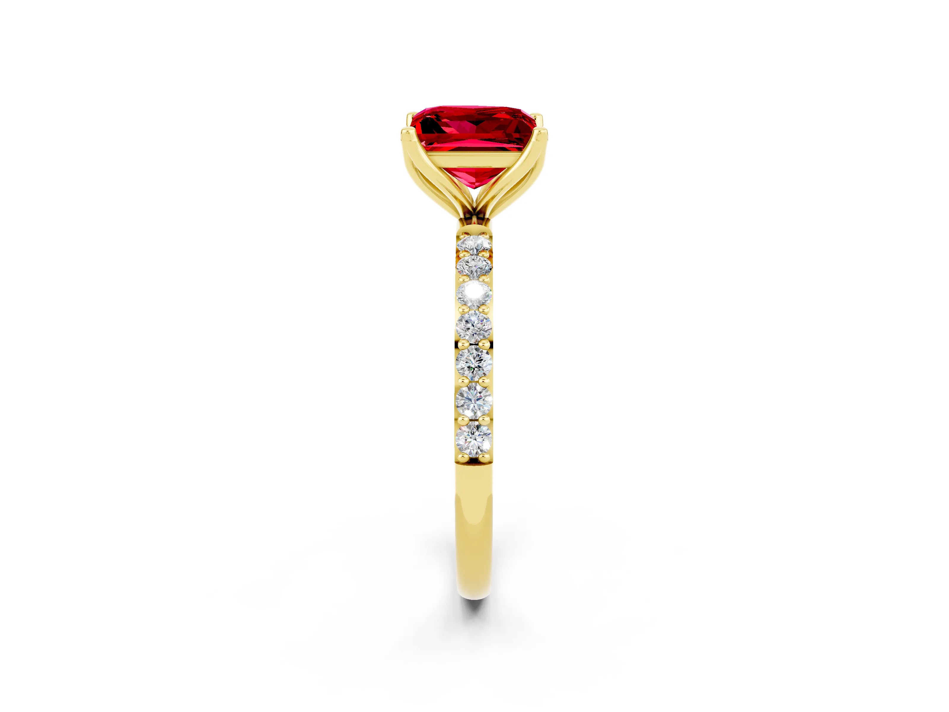 Yellow gold Princess Cut Ruby Solitaire Engagement Ring with Pavé Band and Prong Setting_2