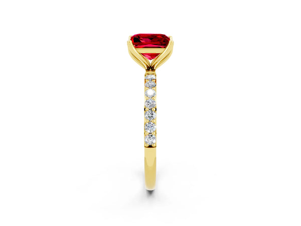 Yellow gold Princess Cut Ruby Solitaire Engagement Ring with Round  Pavé Band and Prong Setting